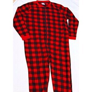 Men's Red/Black Plaid Fleece One-Piece Pajamas Zip Front Polyester Size M